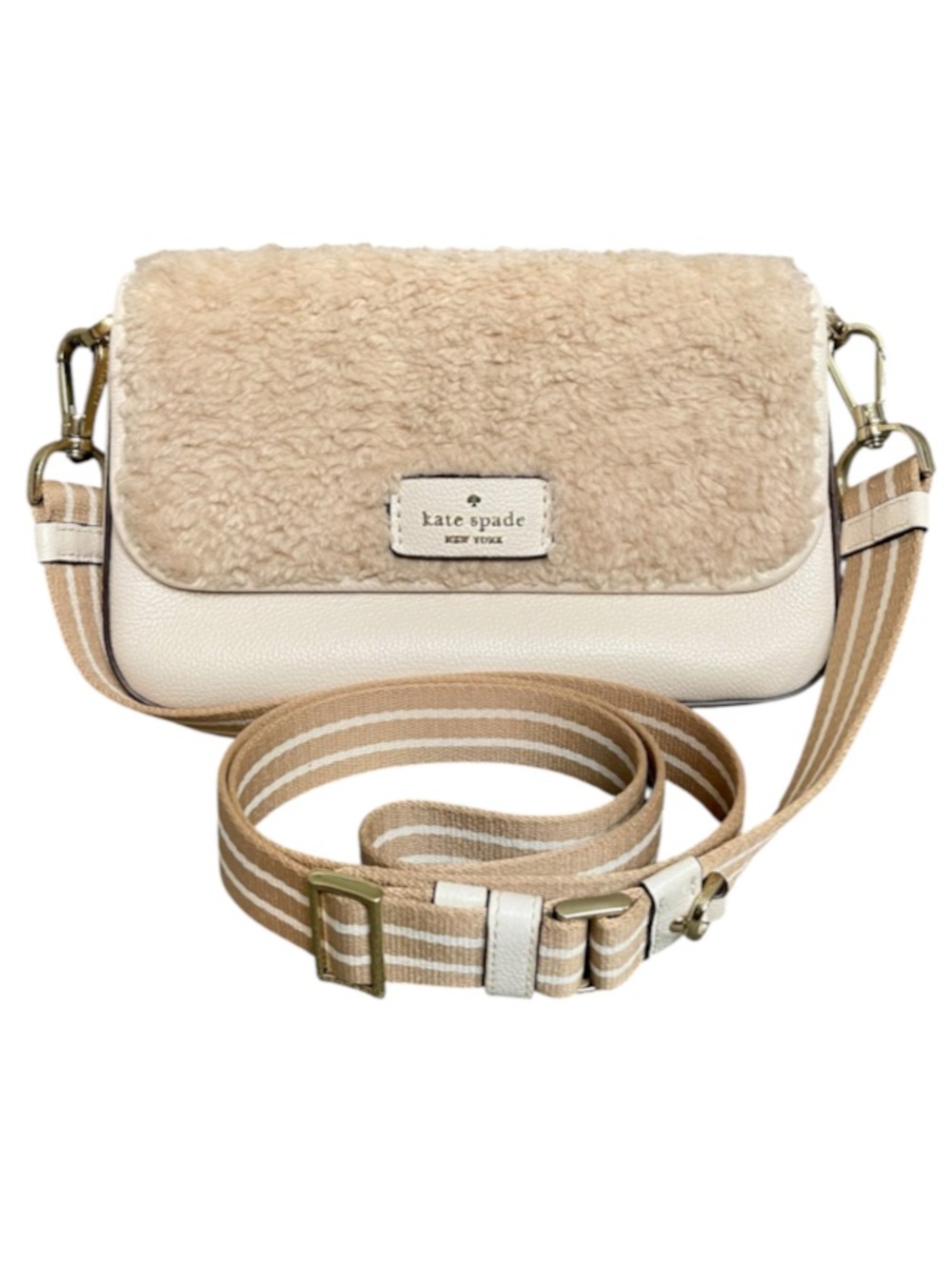 kate spade Cream Shearling & Leather Crossbody with Stripe Strap